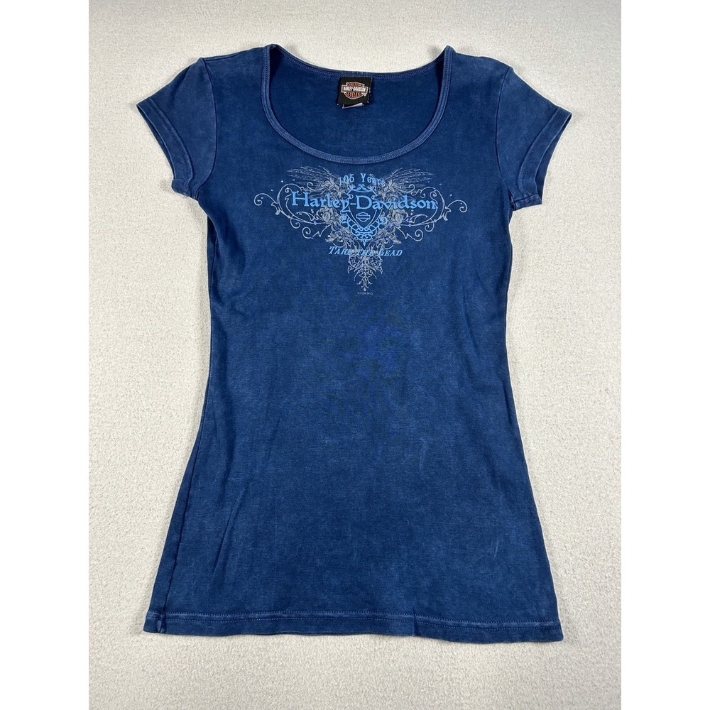 Womens Harley Davidson Scoop Neck Tee Shirt Blue MEDIUM Memphis TN 105 Years